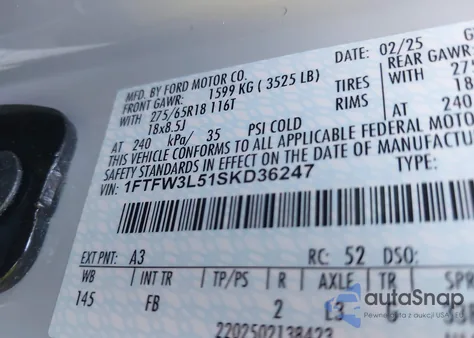 2025 Ford F-150 Xlt z USA, uszkodzony, nr VIN 1FTFW3L51SKD36247